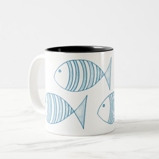 Nautical Blue White Stripe Fish Tweekleurige Koffiemok (Voorkant links)