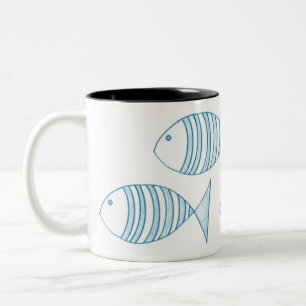 Nautical Blue White Stripe Fish Tweekleurige Koffiemok