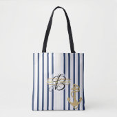 Nautical Blue White Stripe MONOGRAM Canvas tas (Voorkant)