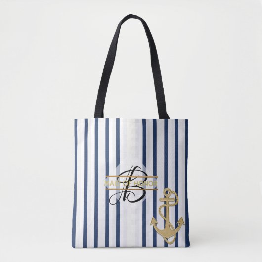 Nautical Blue White Stripe MONOGRAM Canvas tas (Voorkant)