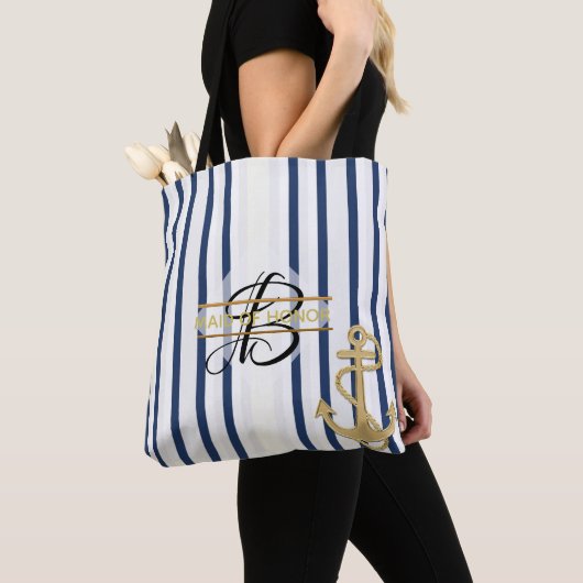 Nautical Blue White Stripe MONOGRAM Canvas tas (Dichtbij)