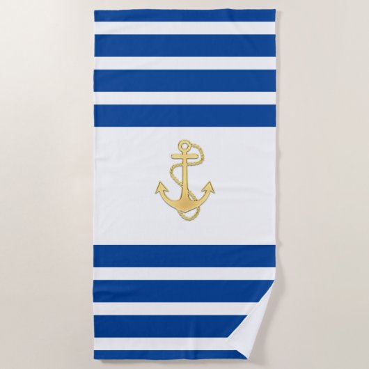 Nautical Blue White Stripes met Gold Anchor Strandlaken (Voorkant)