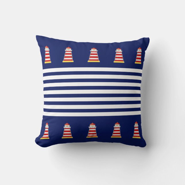Nautical Blue & Witte Strepen op Navy Blue Worpill Kussen (Voorkant)