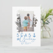 Nautical Blue Zeeen & Greetings Ocean Photo Lijst Feestdagenkaart (Staand voorkant)