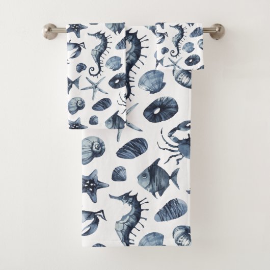Nautical blue zeepaardseashell bad handdoek (Insitu)