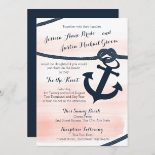 Nautical Blush and Navy Rope en Anchor Wedding Kaart