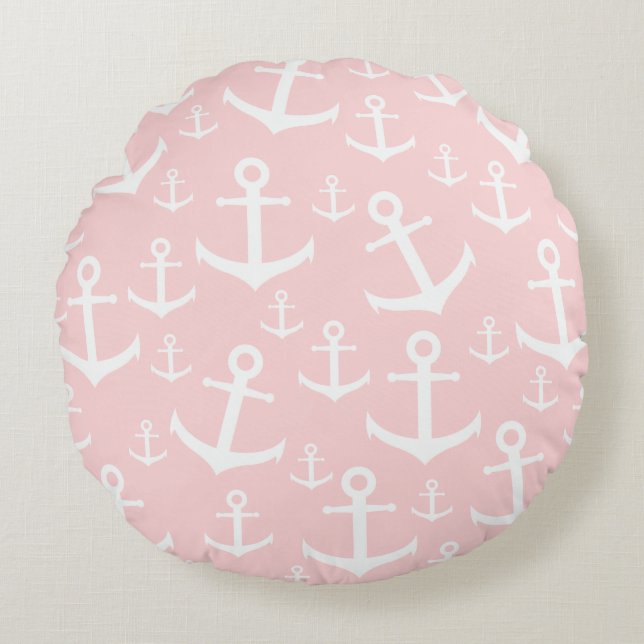 Nautical blush roze & white anchorman rond kussen (Voorkant)