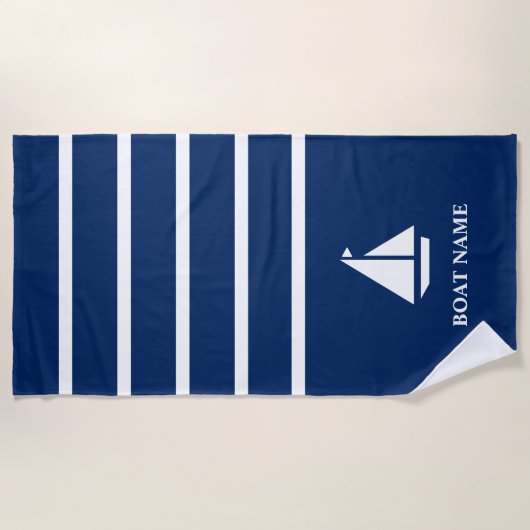 Nautical Boat Add Name Navy Blue Striped Strandlaken (Voorkant)