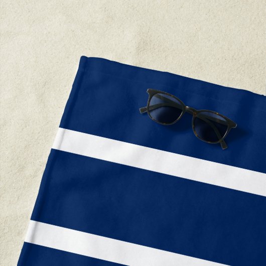 Nautical Boat Add Name Navy Blue Striped Strandlaken (In situ)