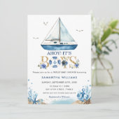 Nautical Boat Ahoy Het is Boys Triplet Baby shower Kaart (Staand voorkant)