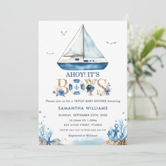 Nautical Boat Ahoy Het is Boys Triplet Baby shower Kaart (Staand voorkant)