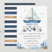 Nautical Boat Ahoy Het is Boys Triplet Baby shower Kaart (Voorkant / Achterkant)
