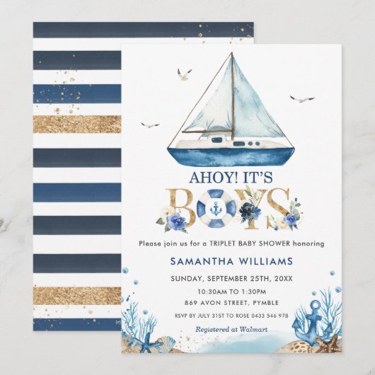 Nautical Boat Ahoy Het is Boys Triplet Baby shower Kaart (Voorkant / Achterkant)