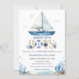 Nautical Boat Ahoy Het is Boys Triplet Baby shower Kaart