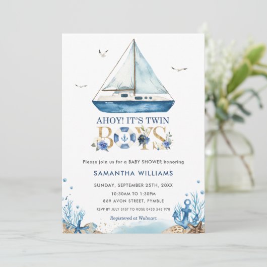 Nautical Boat Ahoy Het is Twin Boys Baby shower  Kaart (Staand voorkant)