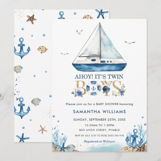 Nautical Boat Ahoy Het is Twin Boys Baby shower  Kaart (Voorkant / Achterkant)