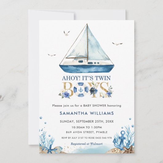 Nautical Boat Ahoy Het is Twin Boys Baby shower Kaart (Voorkant)