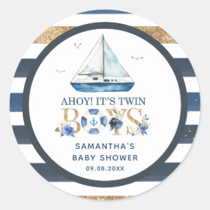 Nautical Boat Ahoy Het is Twin Boys Shower Favor Ronde Sticker