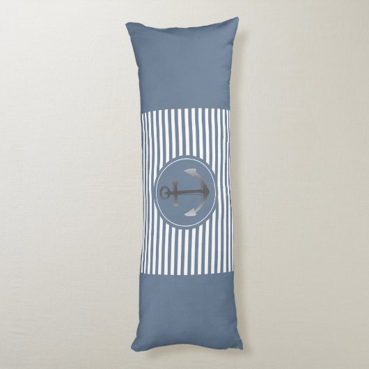 Nautical Boat Anchor Blue en White Striped Lichaamskussen (Achterkant (Verticaal))