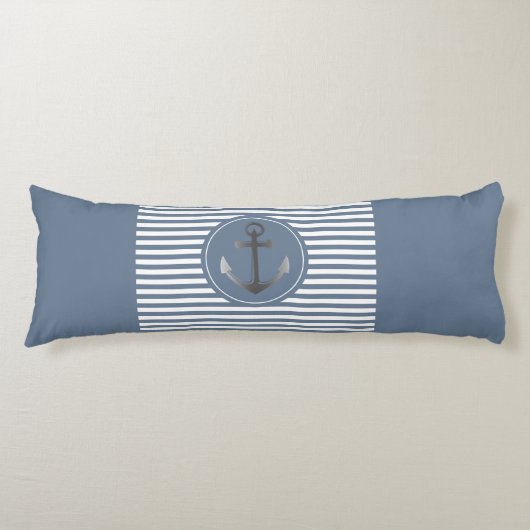 Nautical Boat Anchor Blue en White Striped Lichaamskussen (Voorkant)