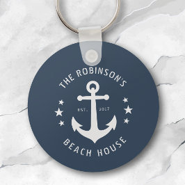 Nautical boat Anchor Familienaam Beach House Blue Sleutelhanger