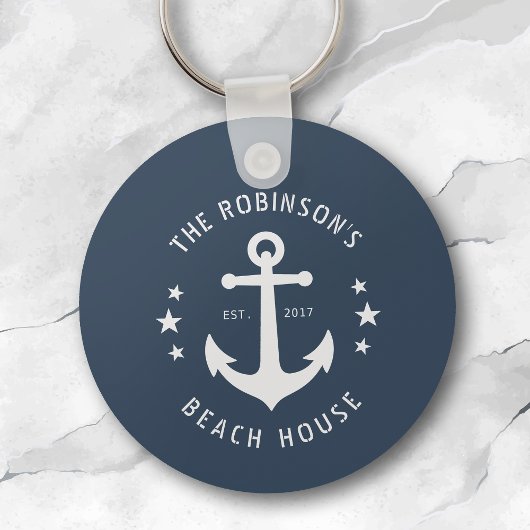 Nautical boat Anchor Familienaam Beach House Blue Sleutelhanger