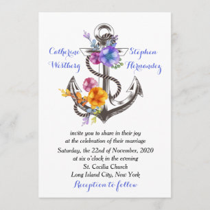 Nautical Boat Anchor Floral Blue Wedding Kaart