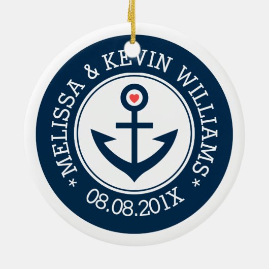 Nautical Boat Anchor, marineblauw en witbruiloft Keramisch Ornament (Achterkant)