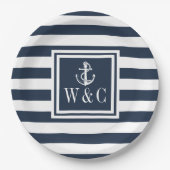 Nautical Boat Anchor Monogram Navy Blue Stripe Papieren Bordje (Voorkant)