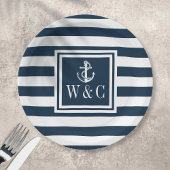 Nautical Boat Anchor Monogram Navy Blue Stripe Papieren Bordje