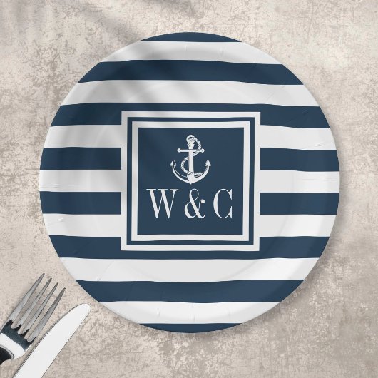 Nautical Boat Anchor Monogram Navy Blue Stripe Papieren Bordje