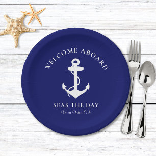 Nautical Boat Anchor Navy Blue Papieren Bordje