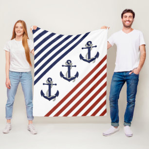 Nautical Boat Anchor/Navy blue/red/white strepen Fleece Deken