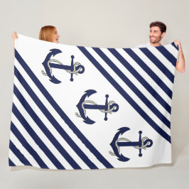 Nautical Boat Anchor/Navy blue/white strepen Fleece Deken