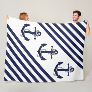 Nautical Boat Anchor/Navy blue/white strepen Fleece Deken