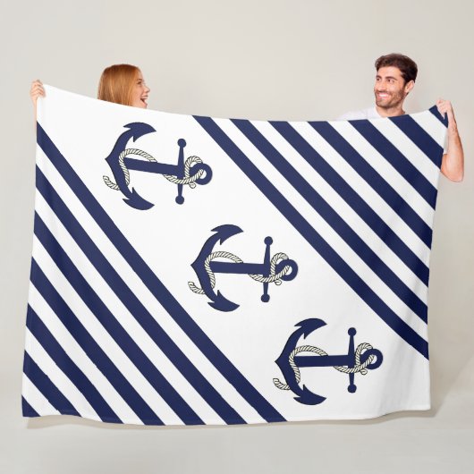 Nautical Boat Anchor/Navy blue/white strepen Fleece Deken (In situ)