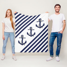 Nautical Boat Anchor/Navy blue/white strepen Fleece Deken