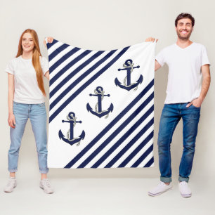 Nautical Boat Anchor/Navy blue/white strepen Fleece Deken