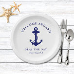 Nautical Boat Anchor Papieren Bordje<br><div class="desc">Moderne papieren borden met nautische thema's voor uw boot met een marineblauwe afbeelding van een anker en "Welcome Aboard" en de naam en locatie van uw boot in elegante marineblauwe typografie en script.</div>