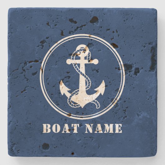 Nautical Boat Anchor & Rope met uw bootnaam Stenen Onderzetter (Voorkant)