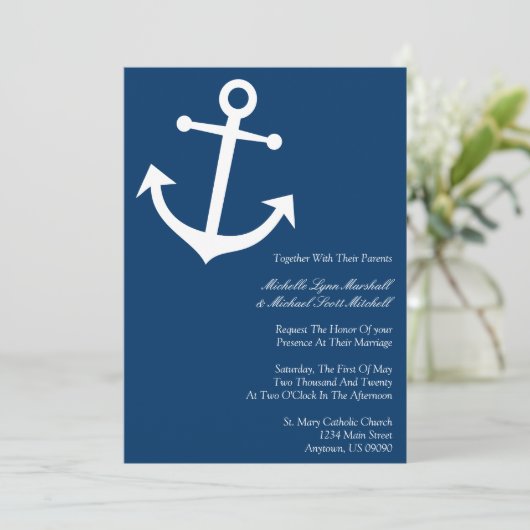 Nautical Boat Anchor Wedding Invites (Donkerblauw) Kaart (Staand voorkant)