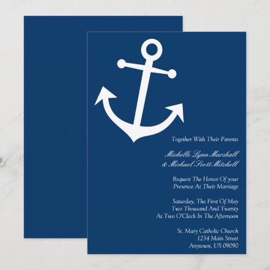 Nautical Boat Anchor Wedding Invites (Donkerblauw) Kaart (Voorkant / Achterkant)