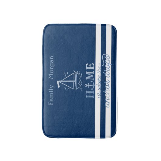 Nautical Boat Anker Navy Blue Gestreept Badmat (Voorkant Verticaal)