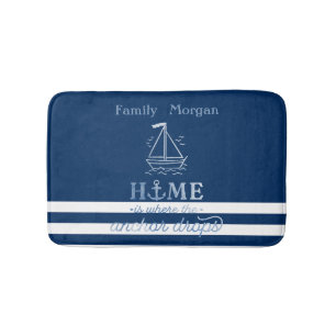 Nautical Boat Anker Navy Blue Gestreept Badmat