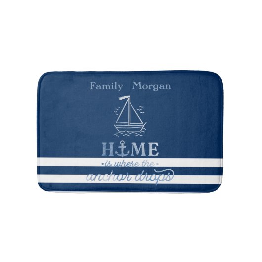 Nautical Boat Anker Navy Blue Gestreept Badmat (Voorkant)