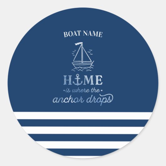 Nautical Boat Anker Navy Blue Gestreept Ronde Sticker (Voorkant)