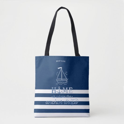Nautical Boat Anker Navy Blue Gestreept Tote Bag (Voorkant)