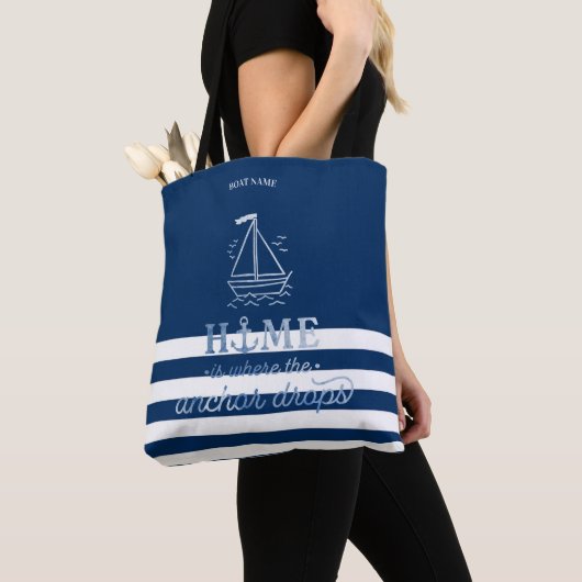 Nautical Boat Anker Navy Blue Gestreept Tote Bag (Dichtbij)