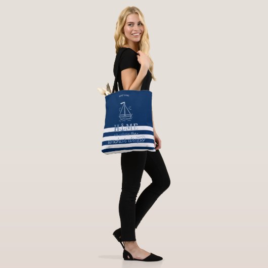 Nautical Boat Anker Navy Blue Gestreept Tote Bag (Op model)