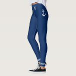 Nautical Boat Anker Witte Strepen Navy Blue Leggings<br><div class="desc">Vrouwen leggings met een op maat ontworpen nautische bootanker met witte strepen op klassiek marineblauw of gemakkelijk aan te passen aan uw favoriete kleur.</div>